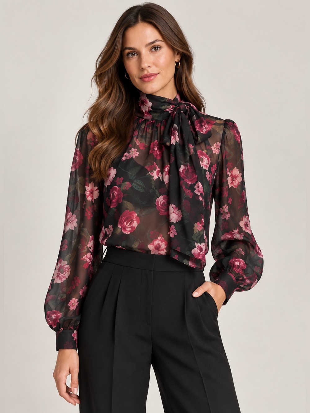 Saks Fifth Avenue Black Blouse with Pink Rose Floral Print